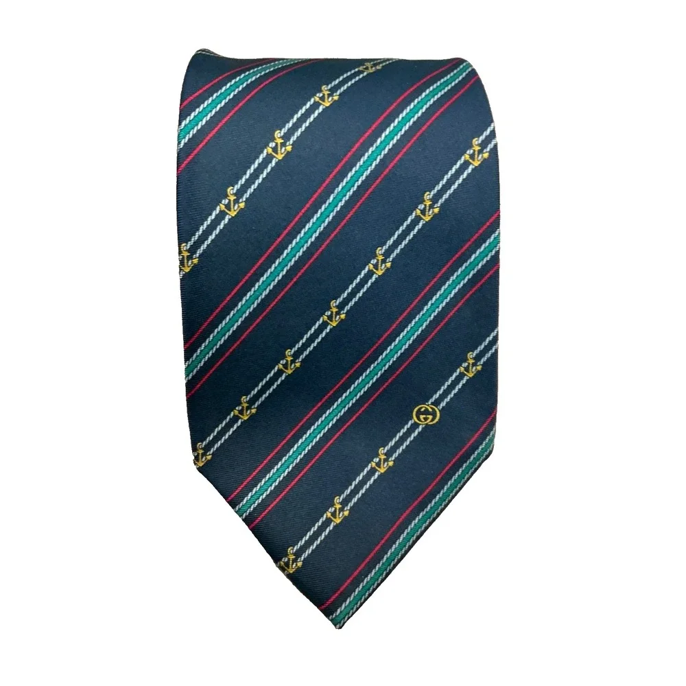 Gucci Nautical Navy Anchor Rope Striped Vintage 80's Classic Point Silk Men Tie